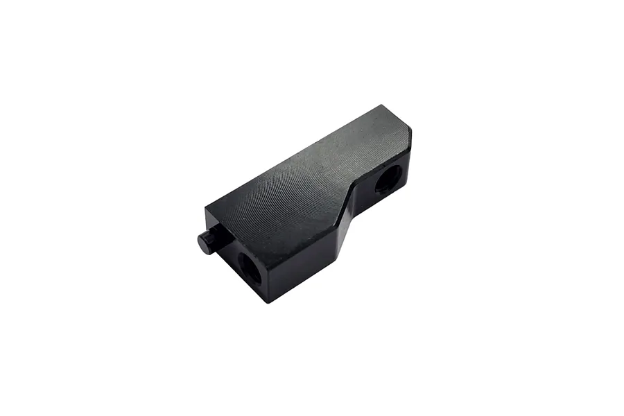 A black anodized aluminium RC Maker floating servo outer mount for RC cars, shown from an angled perspective against a white background.