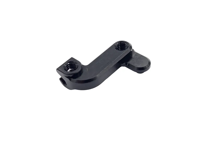 A black anodized aluminium RC sway bar holder component on a white background.
