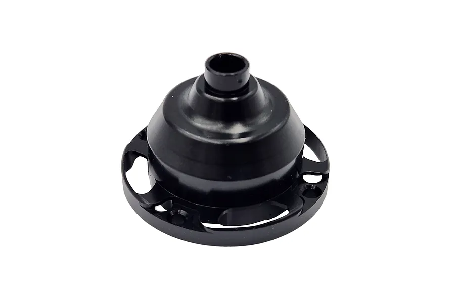 A black anodized aluminium half differential housing for RC cars, featuring a circular base with mounting holes and a central cylindrical protrusion.