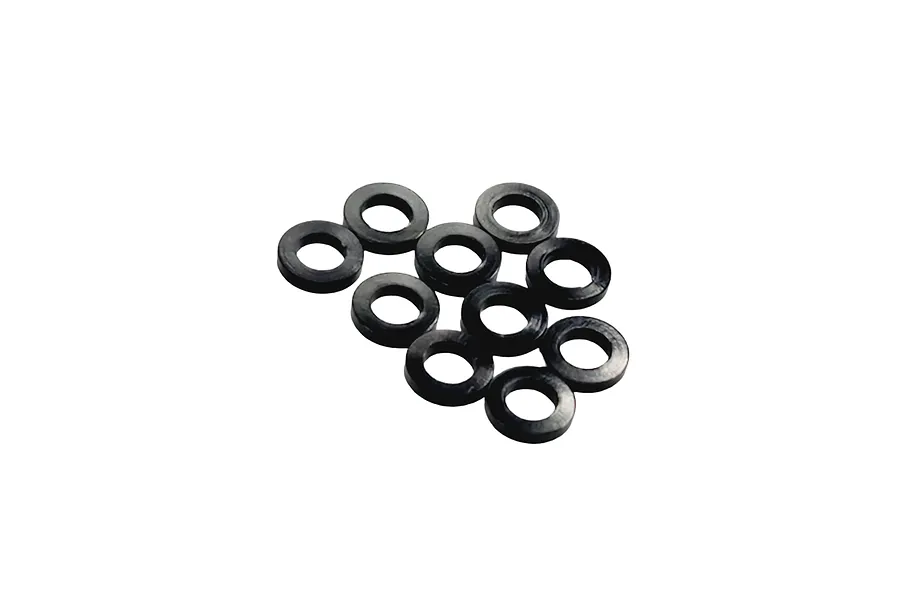 A cluster of ten small, black circular shims or washers arranged on a white background.