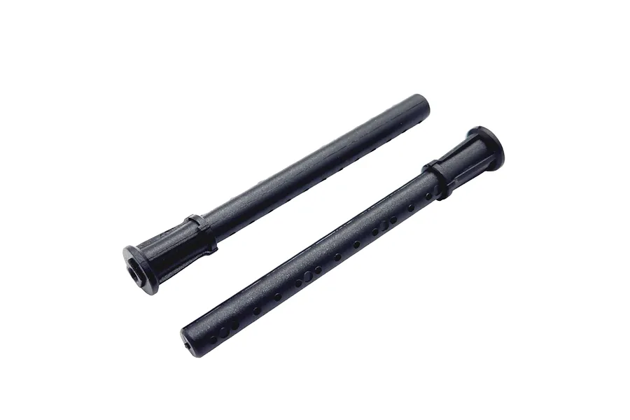 Two black plastic RC car body posts with multiple adjustment holes, shown against a white background.