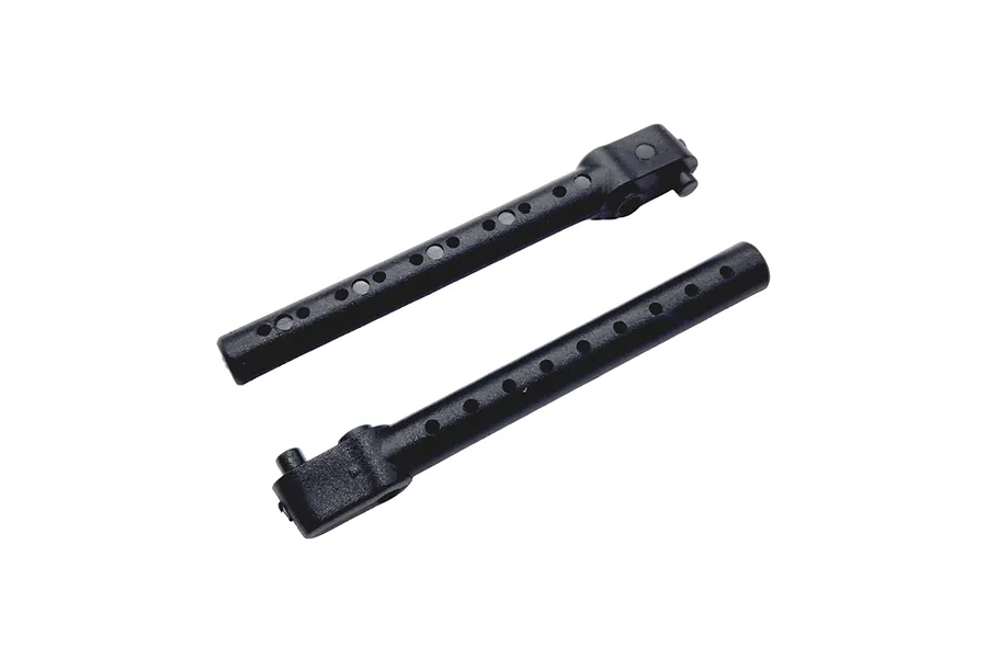 Two black RC car body posts with multiple adjustment holes, shown against a white background.