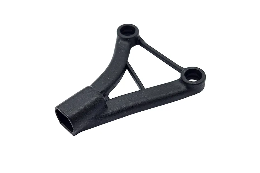 A black plastic RC car upper suspension arm component viewed from an angle against a white background.