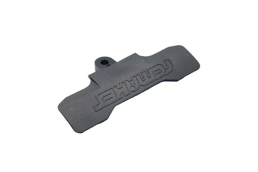 A black RC Maker rear bumper spare part for RC cars, featuring a molded logo on a white background.