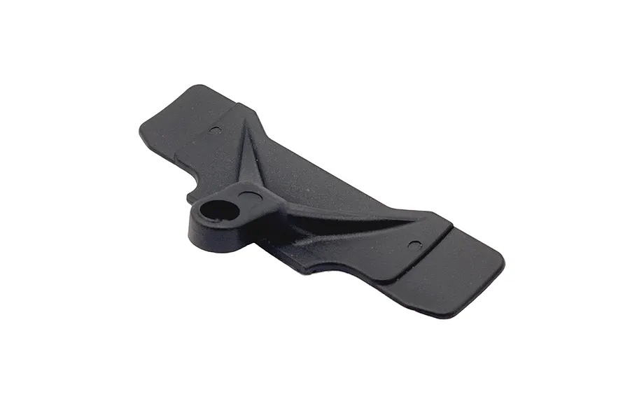 A black plastic RC car rear bumper component shown from a high-angle perspective against a white background.