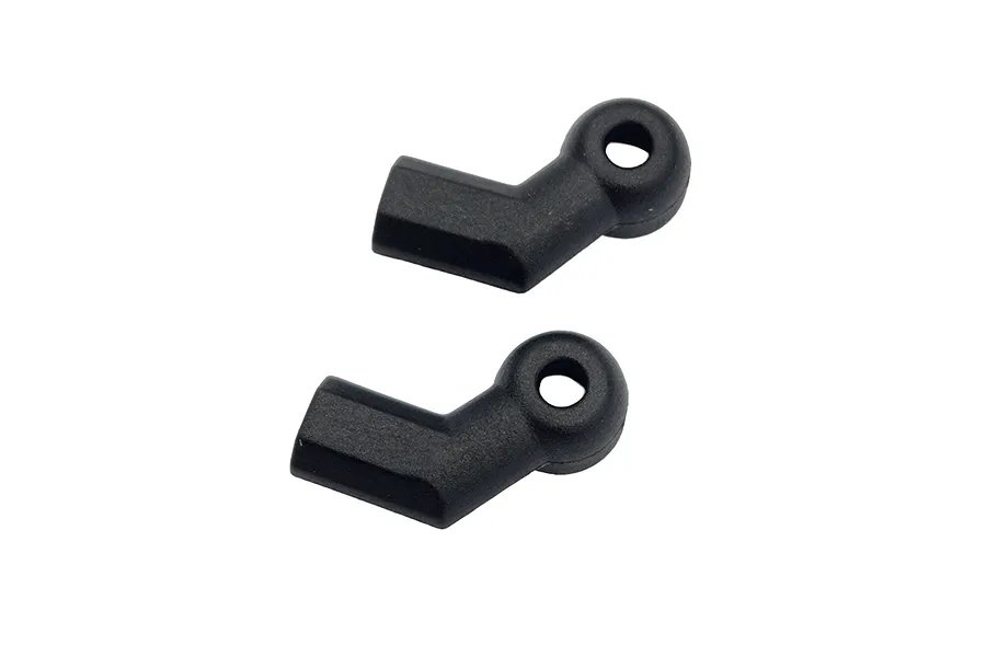 Two black offset ball cups for RC suspension, shown against a plain white background.