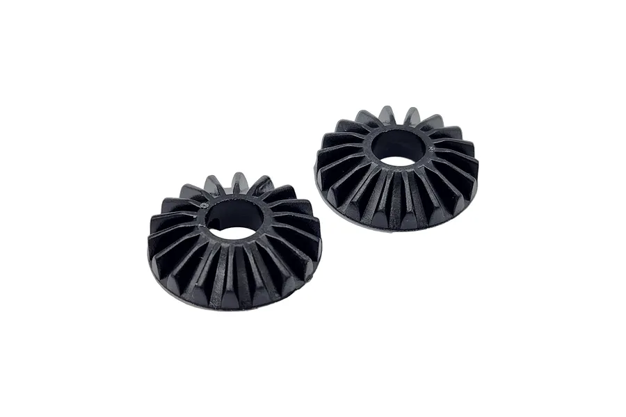 Two black RC differential bevel gears shown from an angled perspective against a white background.