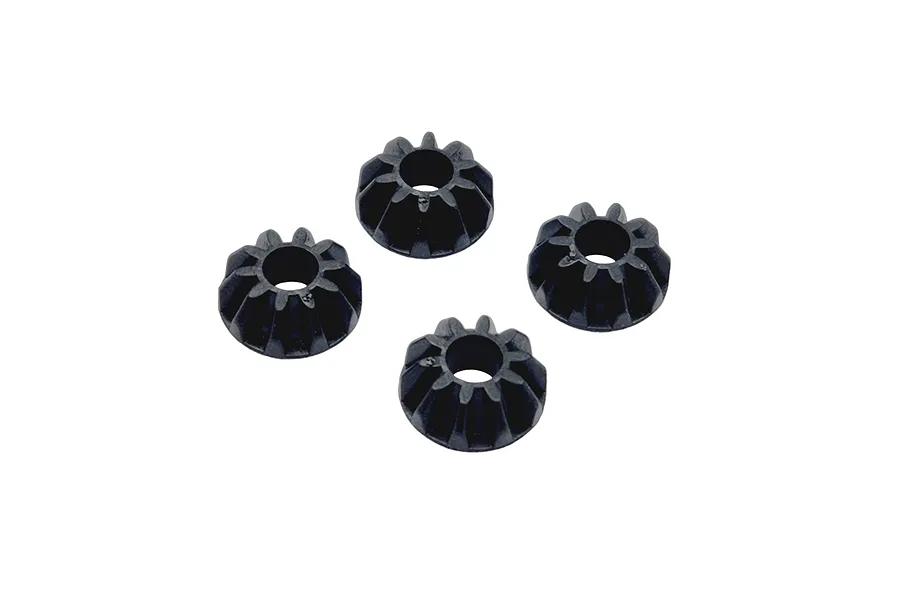 Four small black plastic bevel gears for an RC car differential arranged on a white background.