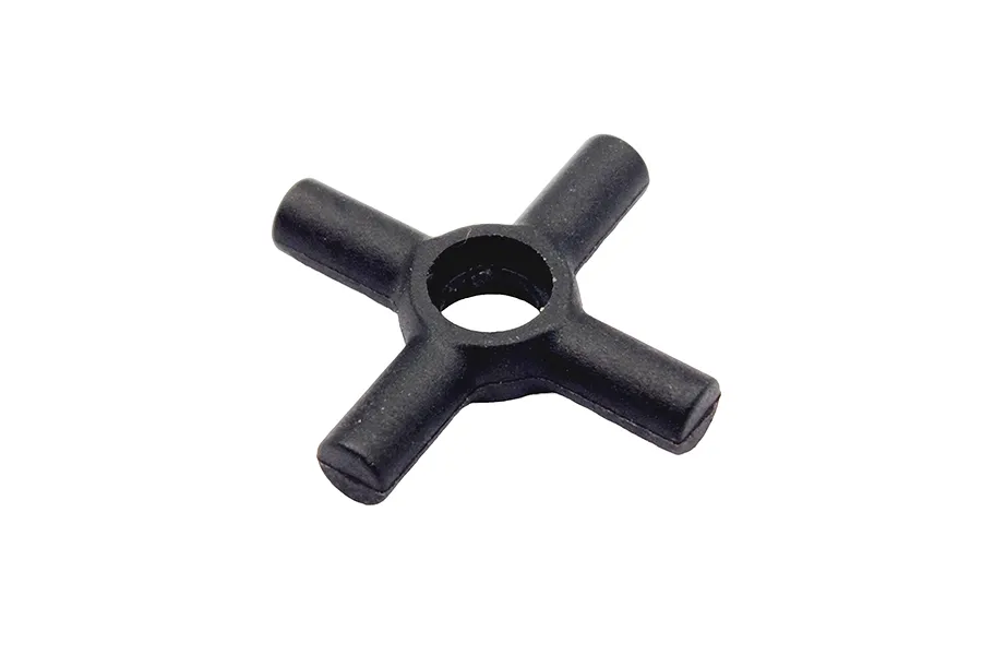 A black, cross-shaped differential cross pin component for RC cars, shown against a plain white background.
