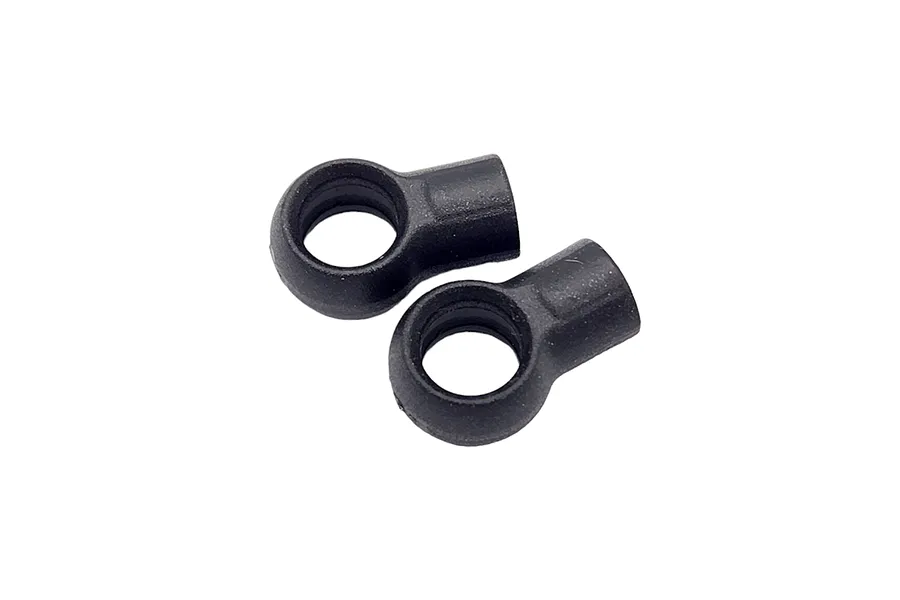 Two black plastic RC shock ball cups shown from a top-down perspective against a white background.