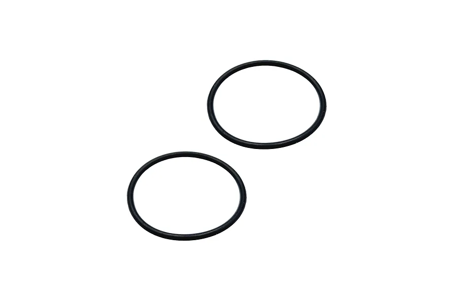 Two black rubber O-rings for RC car differential maintenance isolated on a white background.