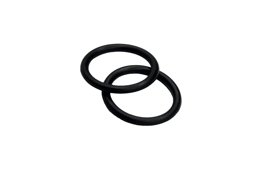 Two black rubber O-rings overlapping each other against a white background.