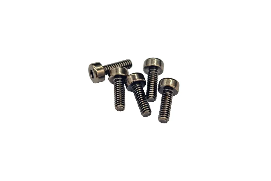 A cluster of five small metal cap head screws with hex sockets, arranged on a plain white background.