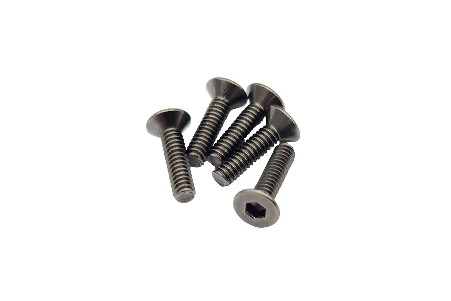 Five small black metal countersunk head screws with hex drive sockets, arranged in a cluster against a white background.