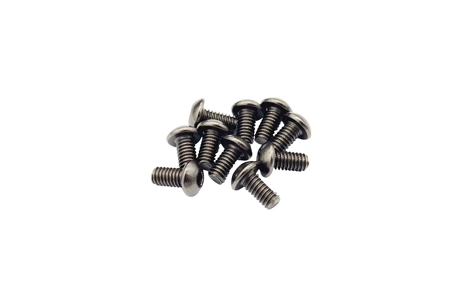 A small pile of ten silver-coloured metal button head screws for RC cars.