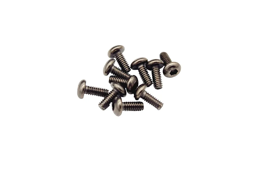 A small pile of silver-colored metal button head screws with hex drive sockets, isolated on a white background.
