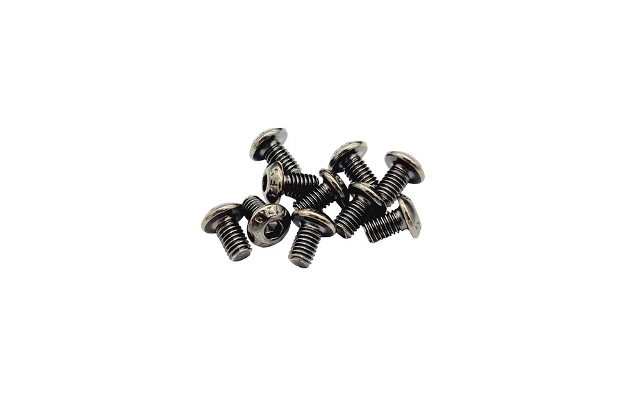 A small pile of ten metal button head screws with hex drive sockets, isolated on a white background.