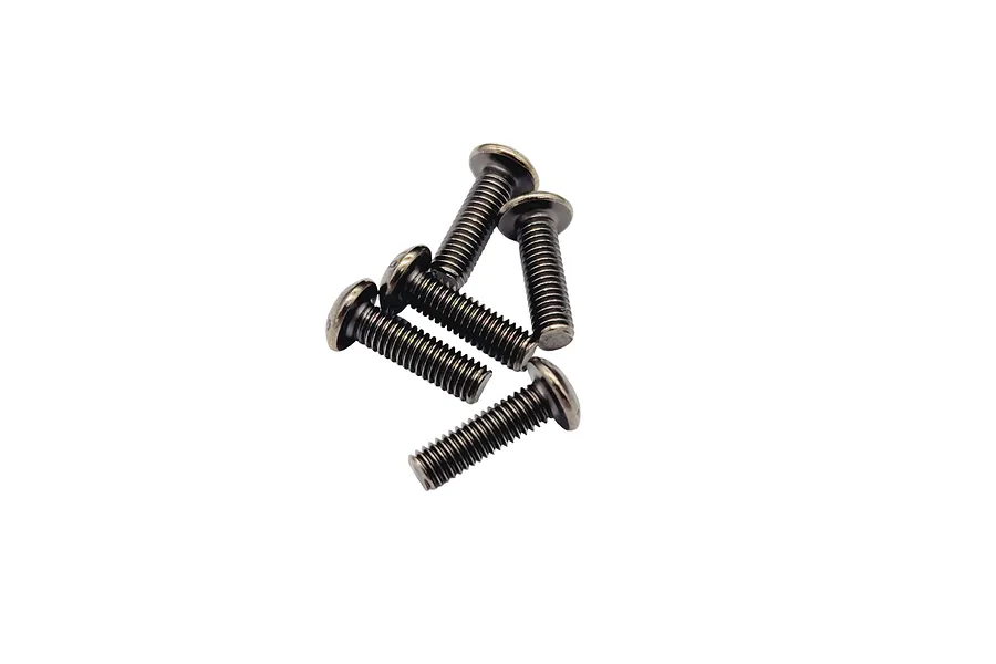 A group of five black metal button head screws arranged on a white background.