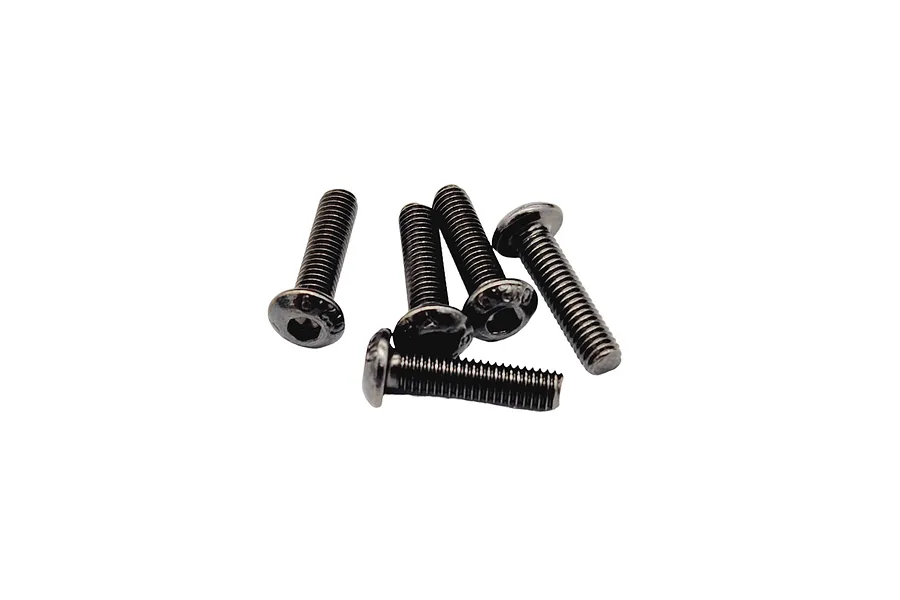 A cluster of five black metal button head screws with hex drive sockets, isolated against a white background.