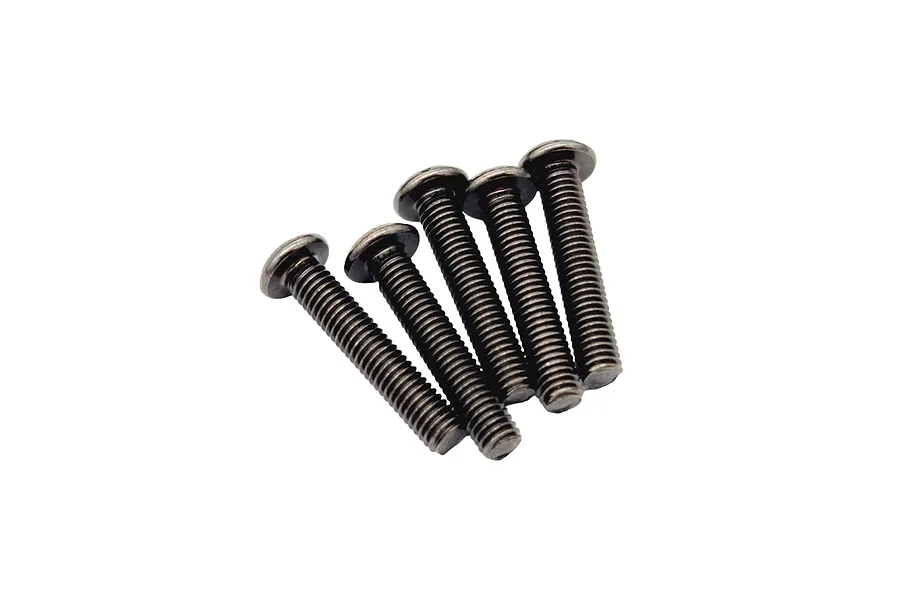 Five black metal button head screws arranged in a row against a white background.