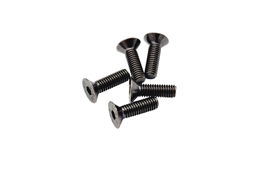 A group of five black metal countersunk head screws with hex drive sockets, isolated on a white background.
