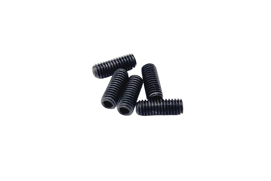 Five black metal grub screws with hexagonal drive sockets arranged in a small pile against a white background.