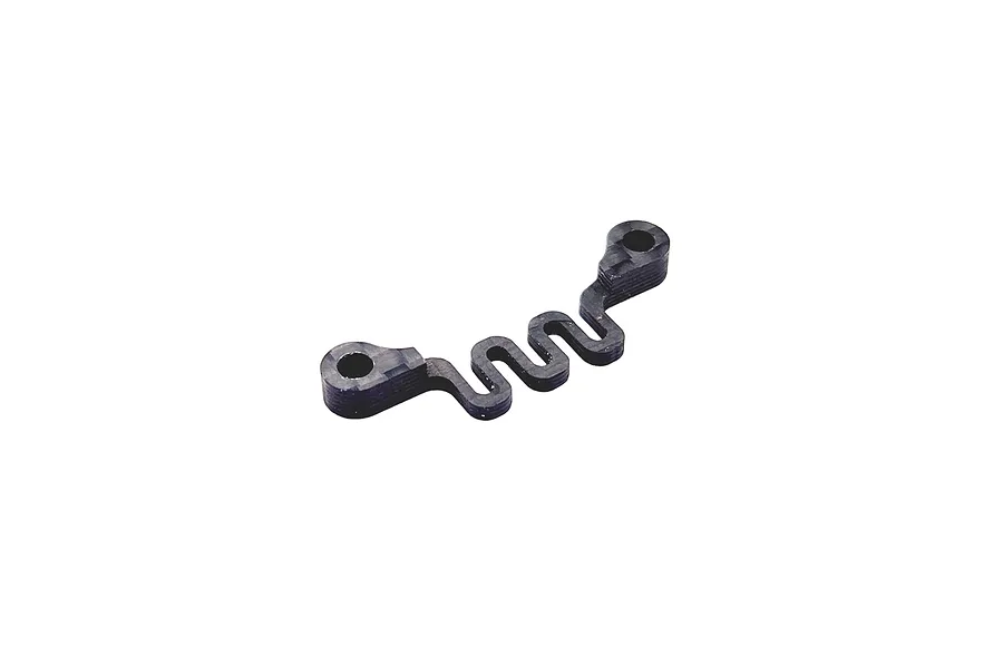 A black carbon fiber RC Maker flexible bulkhead brace with a wavy, serpentine design and two mounting holes.