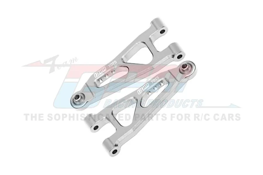 A pair of silver GPM Racing aluminium front lower suspension arms for RC cars, featuring a 7075 alloy construction.