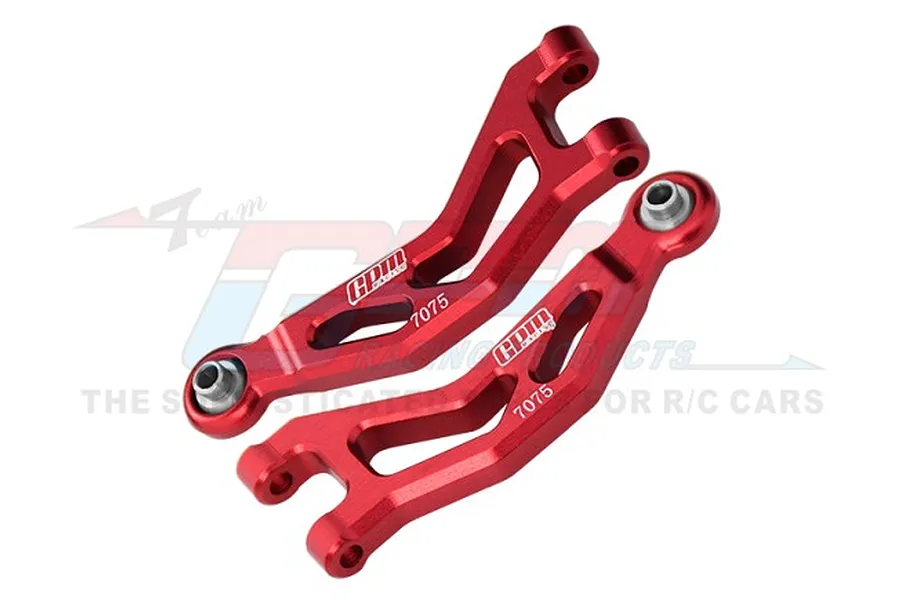 Two red anodized aluminium front upper suspension arms for an RC car by GPM Racing, featuring a 7075 alloy construction.