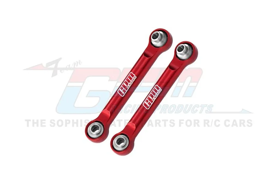 Two red anodized aluminum GPM Racing front steering links with silver ball ends, shown against a white background with a faint GPM logo watermark.