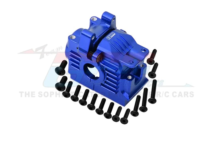 A blue anodized aluminium rear differential housing for RC cars by GPM Racing, shown with a set of black mounting screws on a white background.