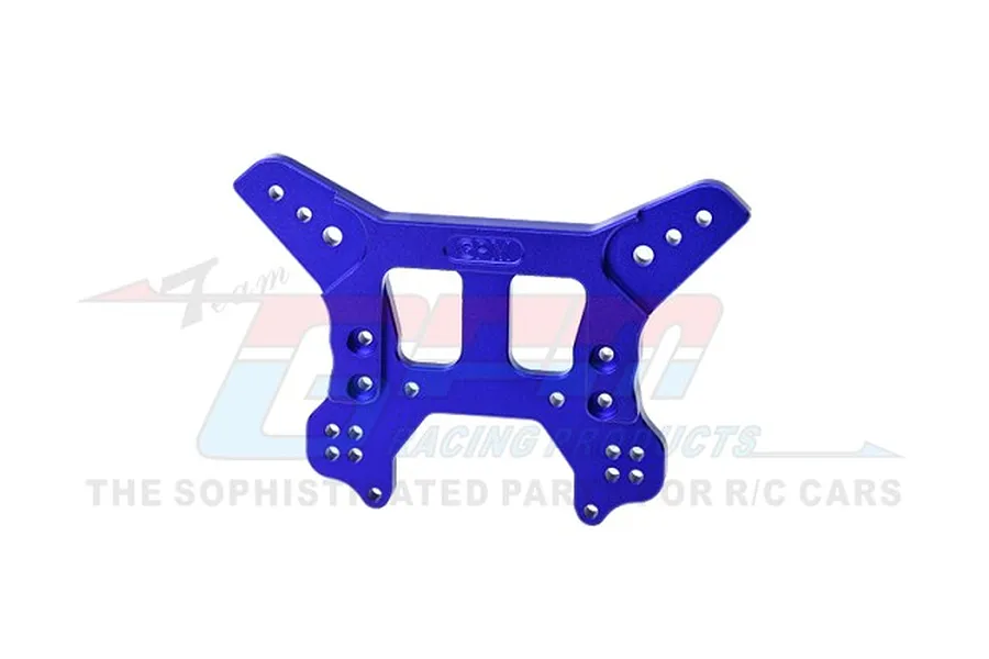 A blue anodized aluminium rear shock tower for an RC car, featuring multiple mounting holes and a GPM logo, centered against a white background.
