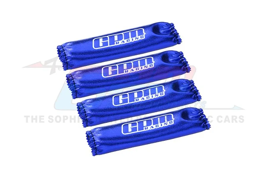 Four blue GPM Racing shock wraps for RC cars arranged in a row against a white background.