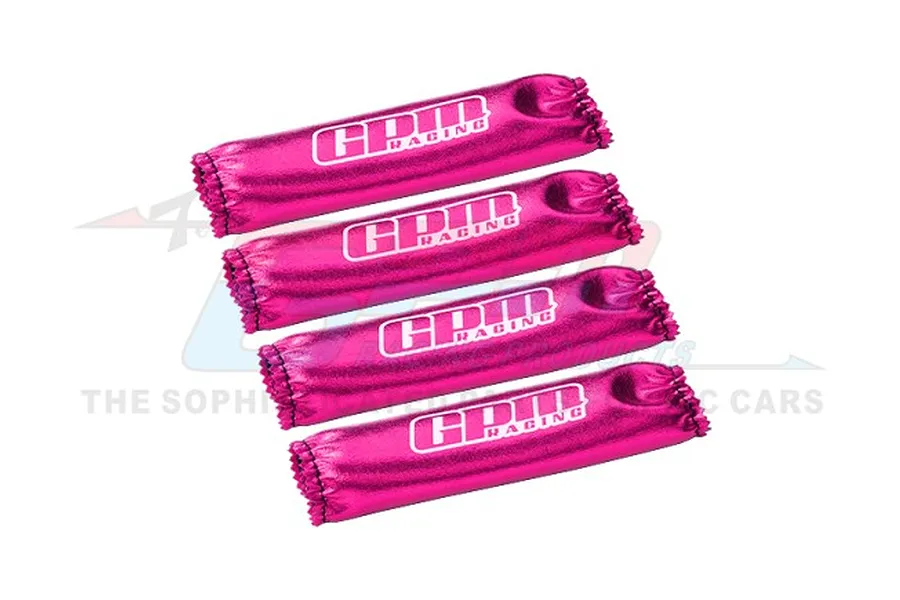 Four fuchsia GPM Racing shock wraps for RC cars arranged in a row against a white background.