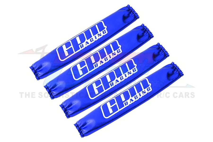 Four blue GPM Racing shock wraps arranged diagonally on a white background.
