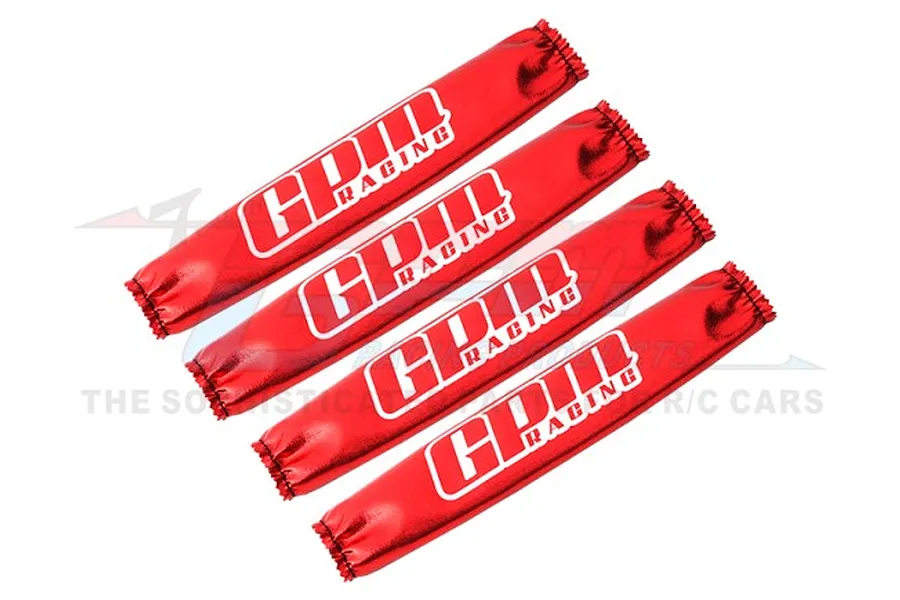 Four red GPM Racing shock wraps for 1/5 scale RC cars, arranged diagonally on a white background.