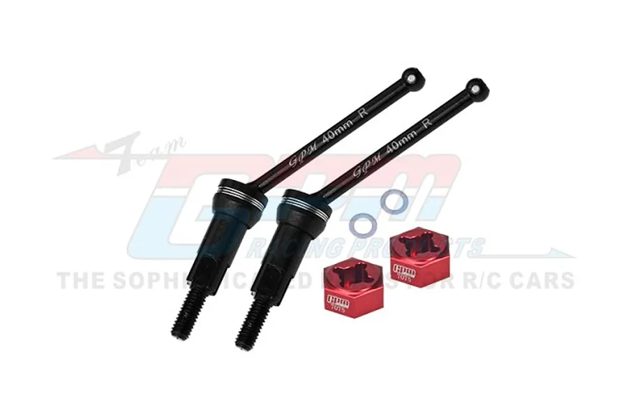 A pair of black carbon steel RC rear driveshafts with red aluminium wheel hexes and small washers against a white background.