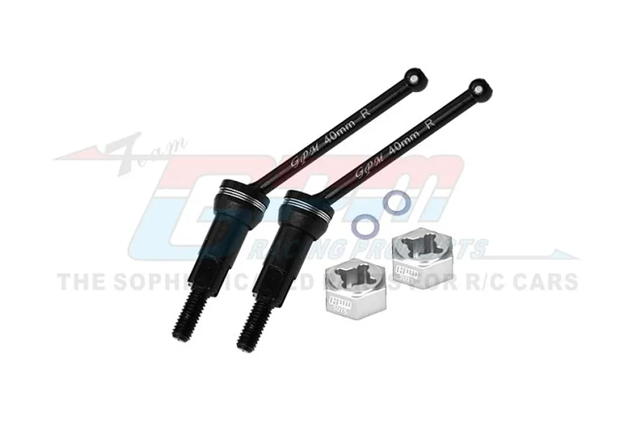 Two black carbon steel RC rear driveshafts with silver aluminium hex adapters and small washers on a white background.