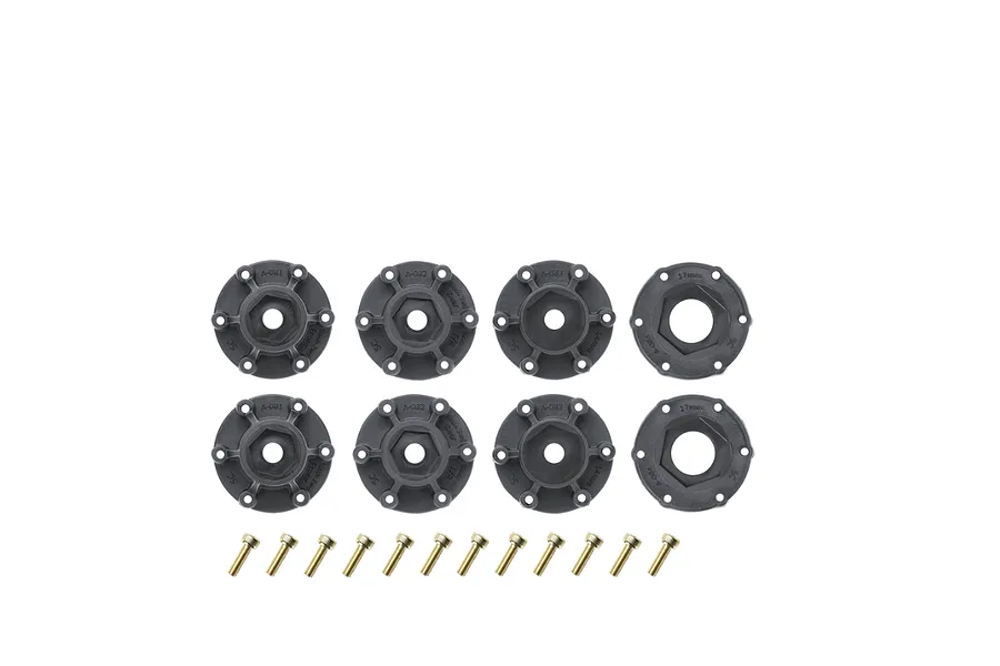 A set of eight Louise RC wheel hex adapters in various sizes with mounting screws arranged on a white background.