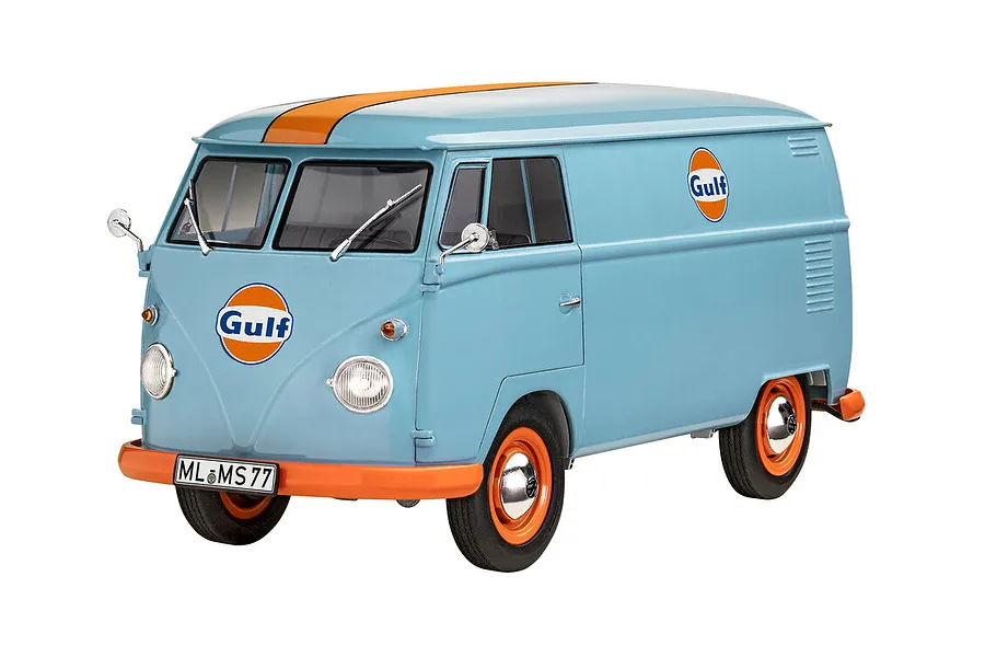 A finished 1/24 scale model of a Volkswagen T1 van painted in iconic Gulf light blue and orange livery, shown from a front three-quarter angle.