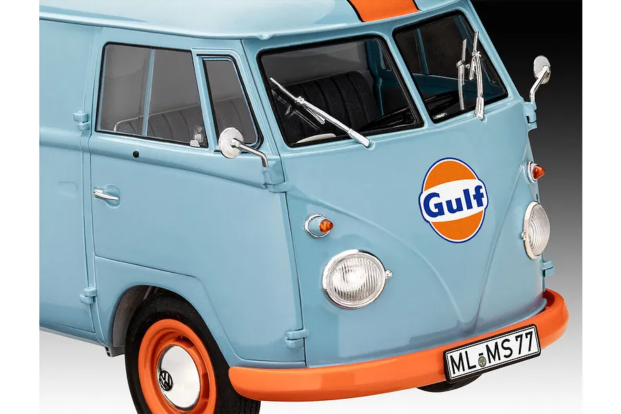 Close-up of a 1/24 scale Revell Volkswagen T1 Gulf Van model, showing the front end with light blue paint, orange bumper, and Gulf logo.