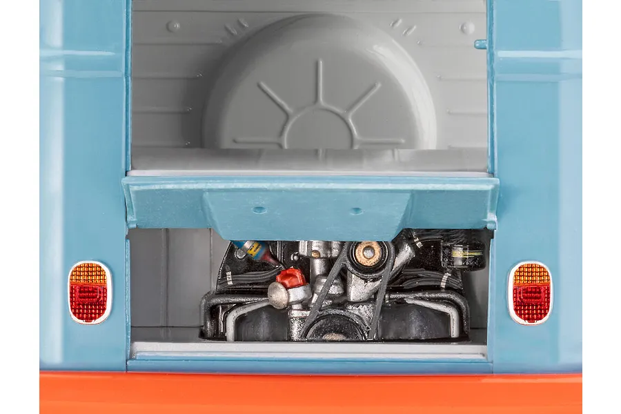 Close-up of the rear engine bay of a Revell 1/24 scale Volkswagen T1 Gulf model van, showing detailed engine components and rear lights.