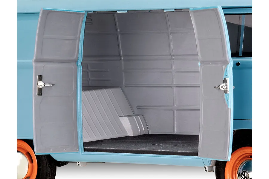 Close-up of the open side cargo doors of a 1/24 scale Revell Volkswagen T1 Gulf model van, showing the grey interior and orange wheels.