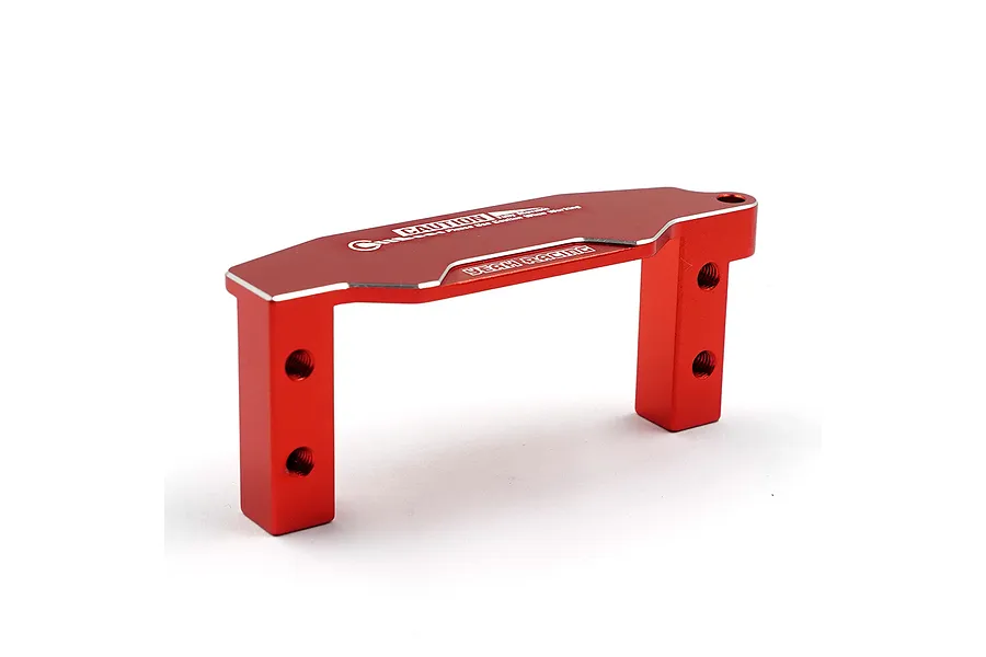 A red anodized aluminium servo mount by Yeah Racing, featuring a bridge-like design with mounting holes and laser-etched text.
