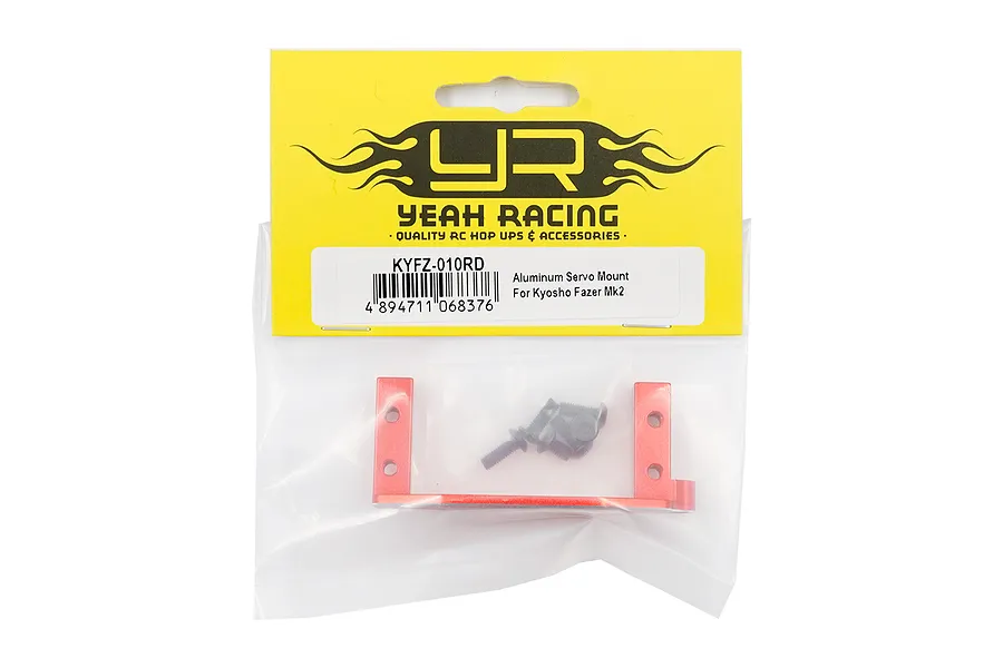 Yeah Racing Aluminium Servo Mount for Kyosho Fazer Mk2 in red, packaged in a clear plastic bag with a yellow header card.