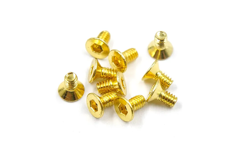 A small pile of gold-colored countersunk head screws with hex drive sockets, isolated on a white background.