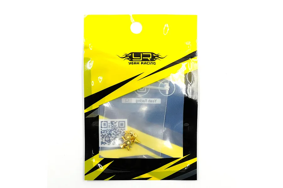 A small packet of gold-coloured countersunk RC screws from Yeah Racing, shown in their branded yellow and black retail packaging.