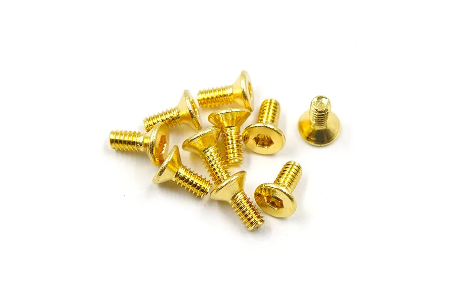 A small pile of gold-colored countersunk head screws with hex drive sockets, isolated on a white background.
