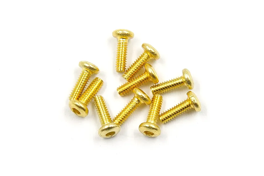 A small pile of gold-colored button head RC screws on a white background.