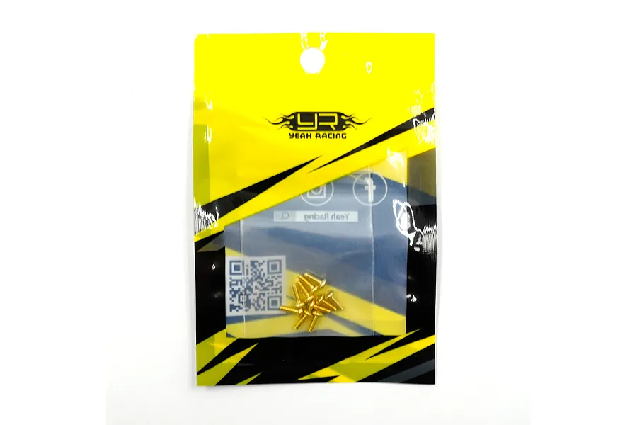 A small packet of gold-coloured Yeah Racing 2x6mm button head screws in branded yellow and black packaging.
